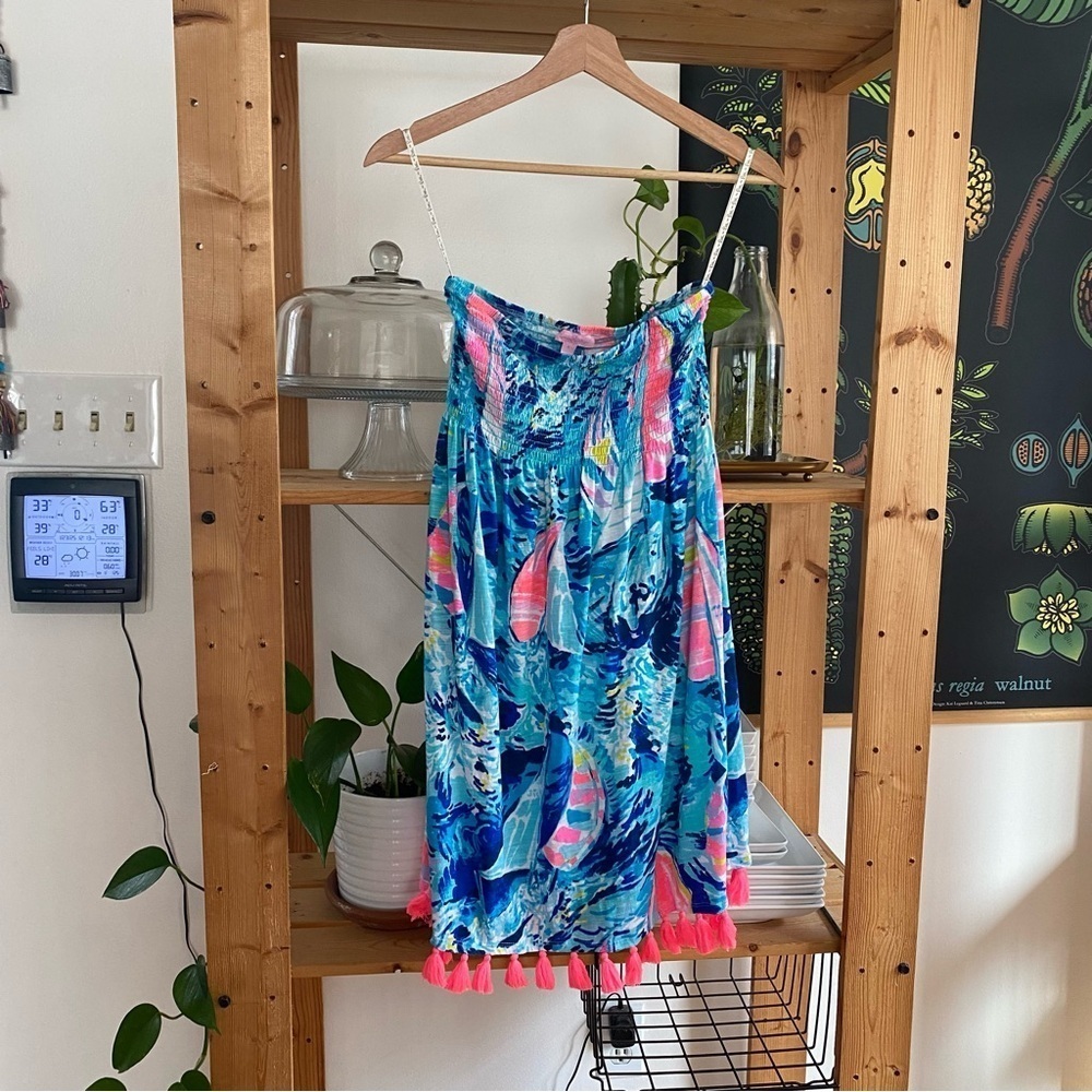 Lilly Pulitzer Sparkling Blue Hey Bay Bay Smocked Tassel Trina Beach Dress Small - Picture 5 of 15